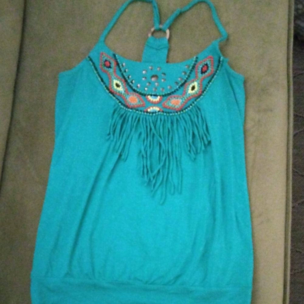 American Rag Teal Embellished Fringe Tank Top
